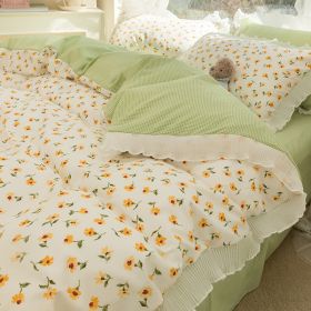 Washed Cotton Small Floral Quilt Cover, Four Piece Bed Sheet Set (Option: Xiaomei Is So Green-1.5m fitted sheet 4pcs set)