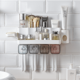 Toothbrush Holder Bathroom Shelving Perforation-free Suction Wall Bathroom Toiletry Set (Option: Shelf soap box-A family of three)